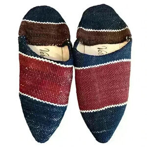Verve Culture Moroccan Kilim Wool Slippers Blue, Cream, Maroon, Size Medium